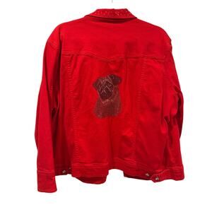Vintage Distinct Red Denim Jeweled Pug Jacket, 1X